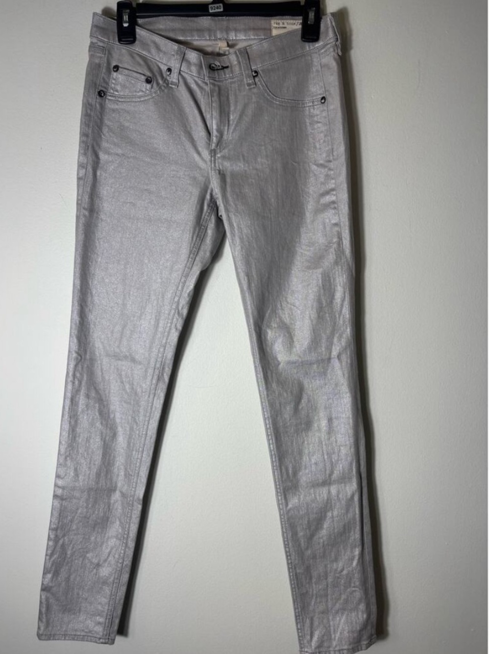 rag & bone Metallic Silver Jeans 8” Low-Mid Rise Super Slim Coated Denim Pants